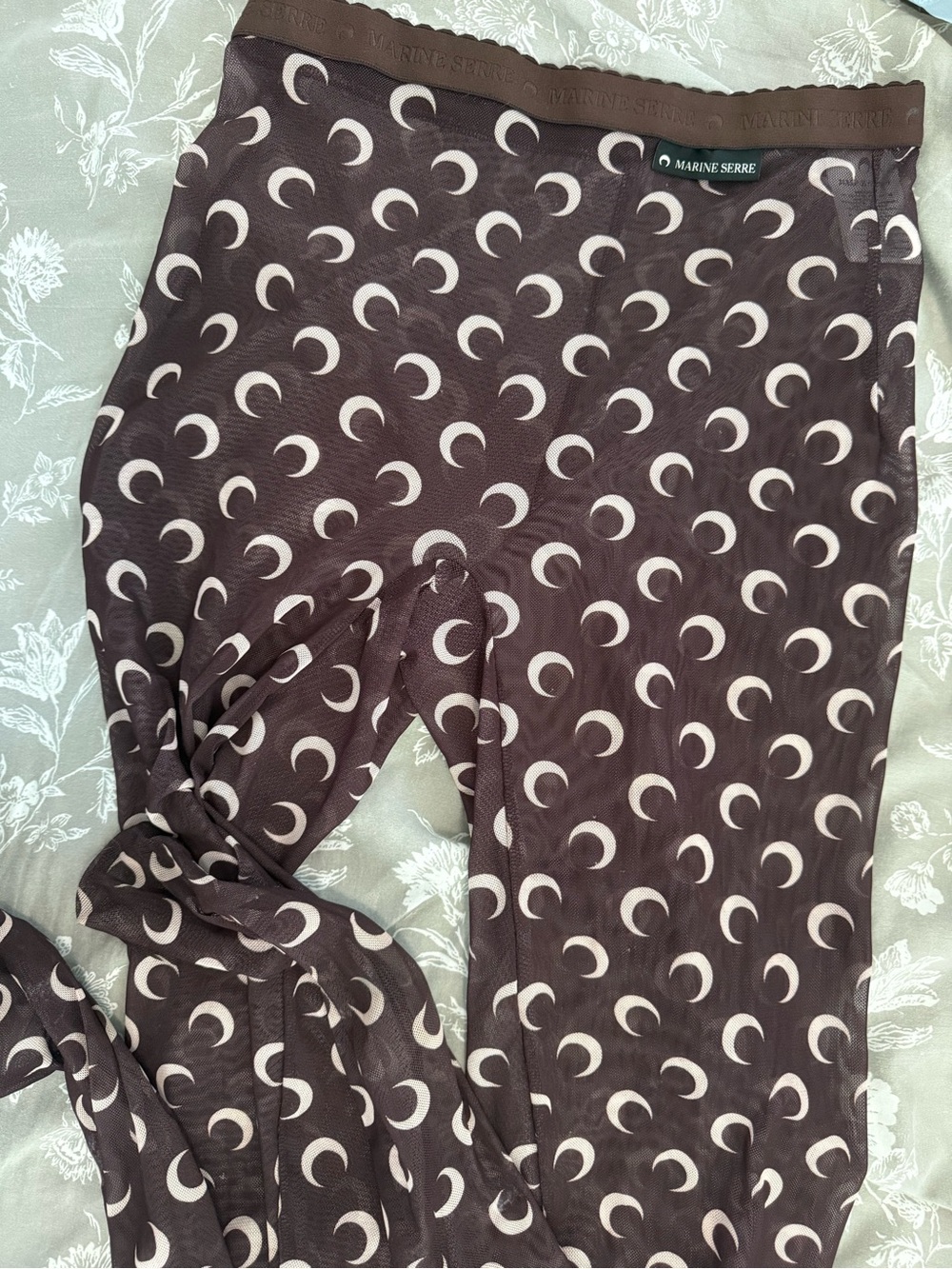 Marine Serre Brown Moon-Print Cropped Long Sleeve Top and matching sheer pants - Picture 7 of 11